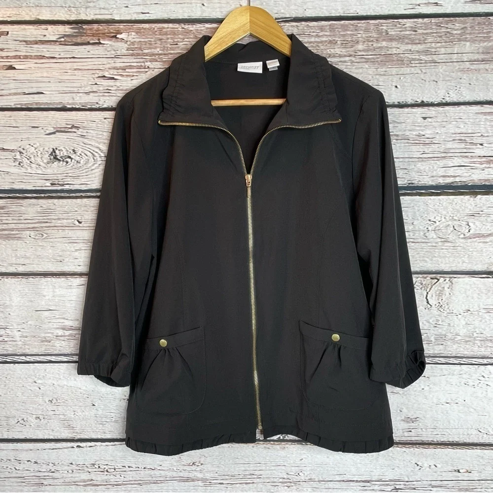 Zenergy by Chico’s 2 Women’s Size Large Black Lightweight Full Zip Jacket EUC
